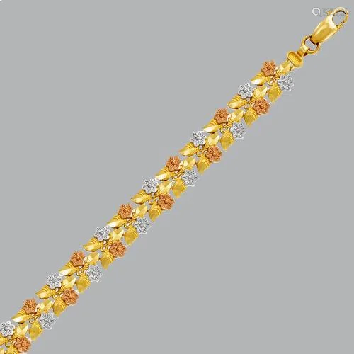 NEW 14K TRI COLOR GOLD LADIES FLOWER LEAF BRACELET