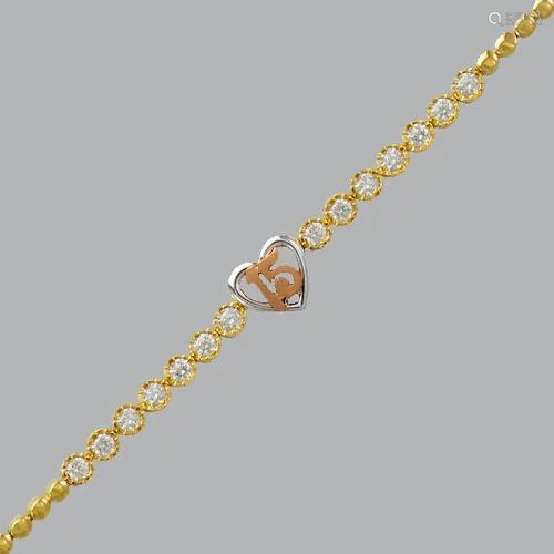 14K TRI-COLOR GOLD CZ 15 ANOS BRACELET FANCY HEART