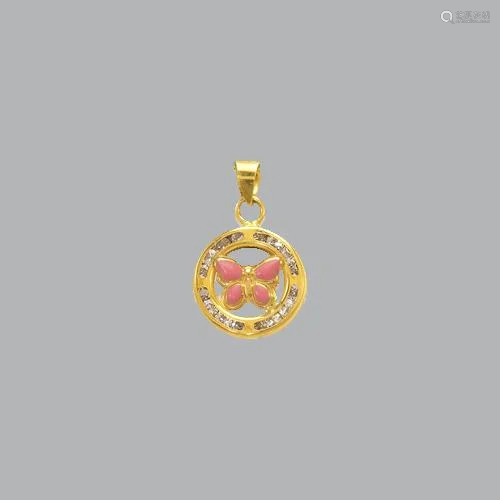 14K YELLOW GOLD PINK MINI ENAMEL BUTTERFLY CZ