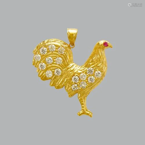 NEW 14K YELLOW GOLD FANCY LARGE ROOSTER CZ PENDANT