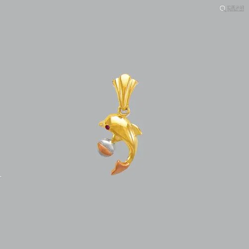 NEW 14K TRI COLOR GOLD DOLPHIN WITH BALL CZ PENDANT
