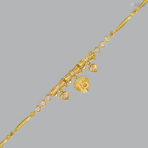 14K YELLOW GOLD CZ 15 ANOS BRACELET HEART BOW