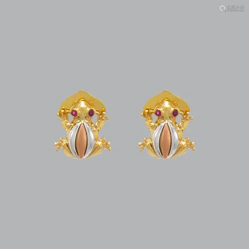 14K TRI COLOR GOLD LADIES FANCY FROG CZ STUD EARRINGS