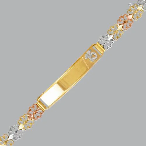 NEW 14K TRI COLOR GOLD 15 ANOS ID BRACELET FANCY