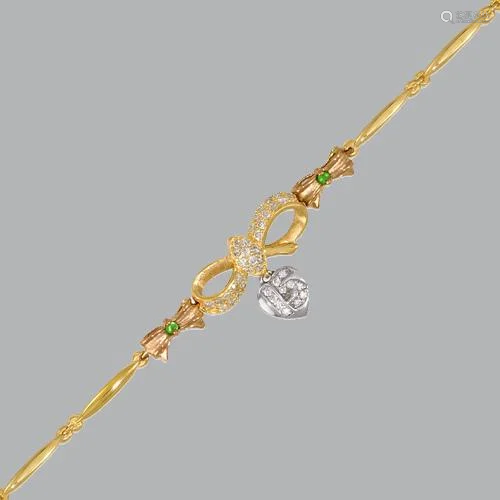 14K TRI COLOR GOLD CZ 15 ANOS BRACELET HEART RIBBON