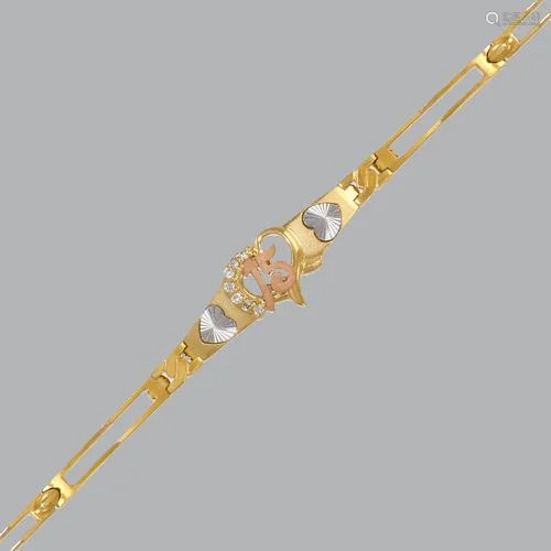 NEW 14K TRICOLOR GOLD CZ 15 ANOS BRACELET HEART