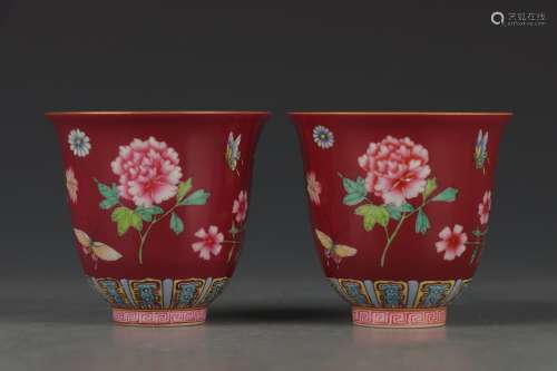 清雍正-胭脂红花卉图杯