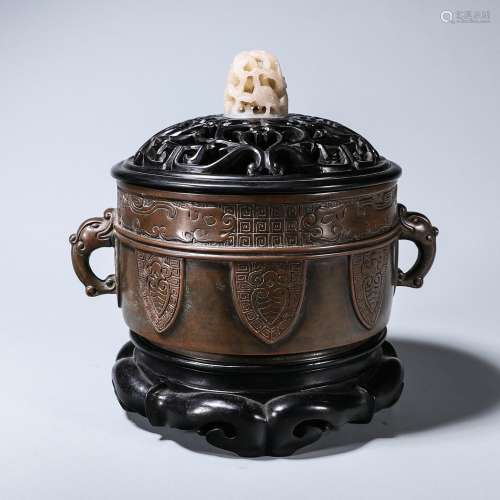 Chinese bronze incense burner with zitan Rosewood inlaid Het...