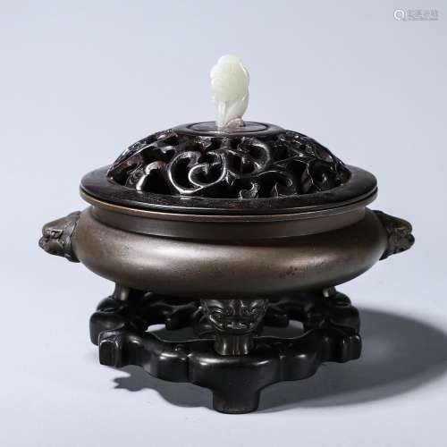 Chinese bronze incense burner with zitan Rosewood inlaid jad...