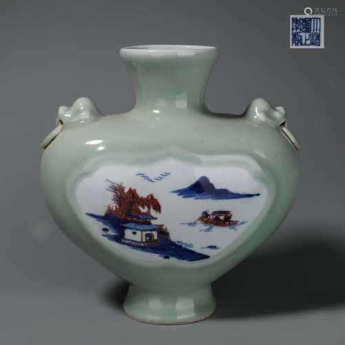 Chinese Blue and white underglaze red porcelain flat bottle