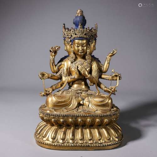 Chinese bronze gold gilded Eight-arm Guanyin Buddha statue