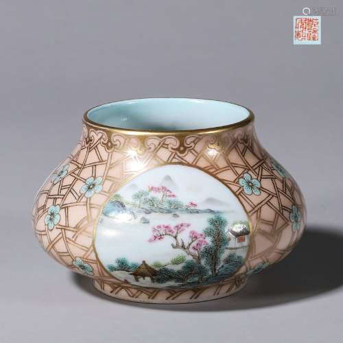 Chinese famille rose porcelain vessel with pattern of landsc...