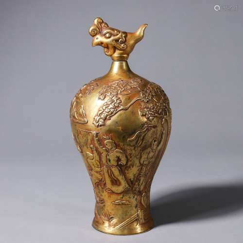 Chinese bronze gold collection gilded Phoenix Wine Pot
