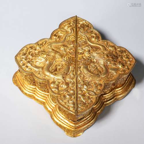 Chinese bronze gold gilded jewelry box with pattern of drago...