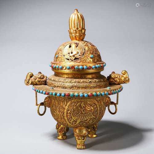 Chinese Bronze gold gilded incense burner inlaid gem