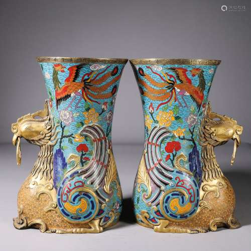 Chinese pair of Cloisonne vessels with pattern of phoenix