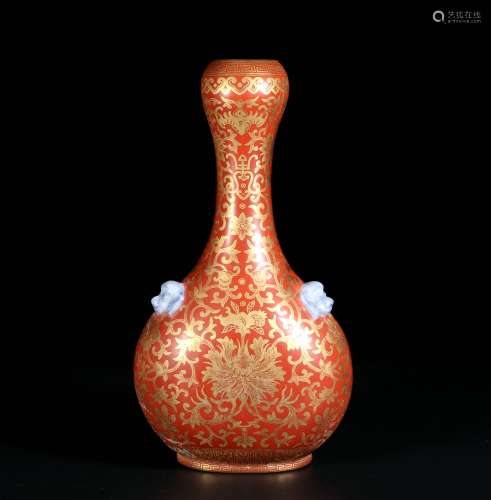 珊瑚紅釉描金璧瓶