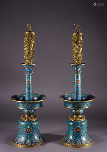 A pair of Cloisonne enamel 'dragon' candlestick