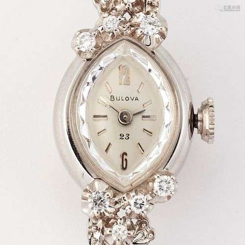 MONTRE BRACELET BULOVA EN OR BLANC 14 CARATS POUR DAMES, cad...