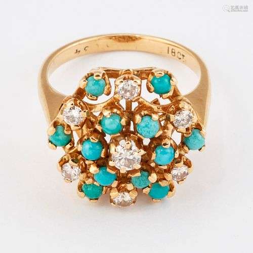 BAGUE CLUSTER EN TURQUOISE ET DIAMANT, une grappe hexagonale...