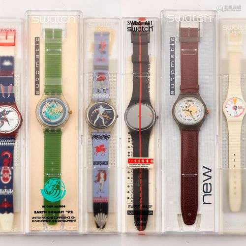 SIX MONTRES SWATCH ASSORTIES, comprenant deux montres automa...