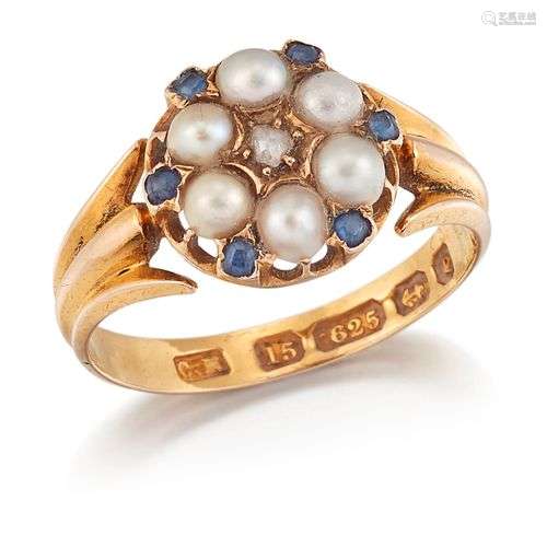 BAGUE EN OR VICTORIENNE 15CT, PERLES FENDUES, SAPPHIRE ET DI...