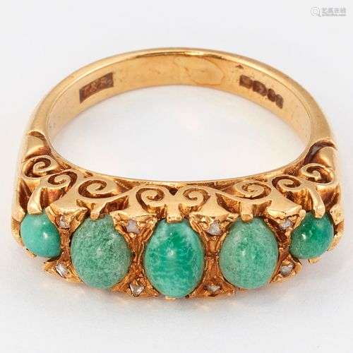 BAGUE EN OR 18 ct turquoises et diamants, cinq turquoises ov...