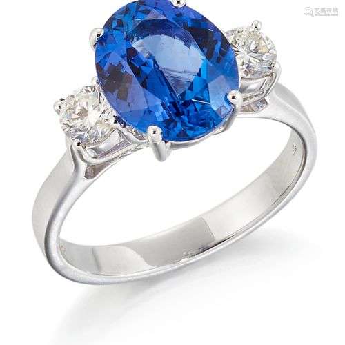 BAGUE TROIS PIÈCES EN OR BLANC 18CT, TANZANITE ET DIAMANT, u...