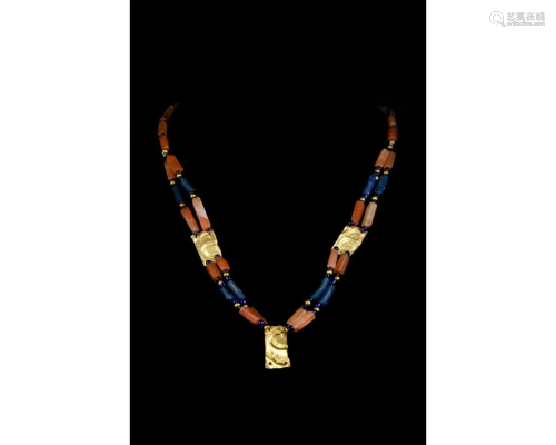 ROMAN GLASS, CARNELIAN AND GOLD NECKLACE