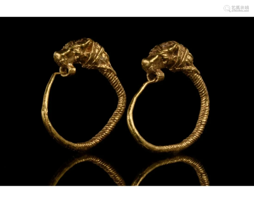 GREEK HELLENISTIC GOLD EARRINGS WITH LIONS