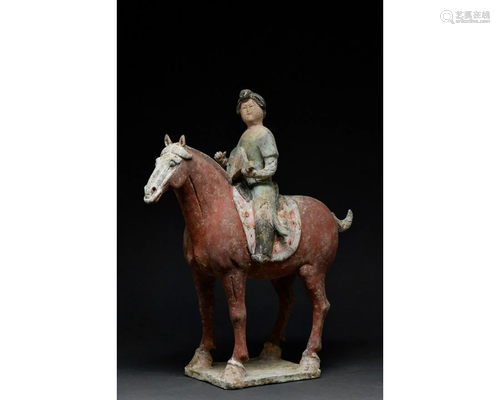 CHINESE TANG TERRACOTTA MUSICIAN ON HORSEBACK - TL