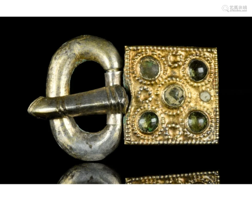 MEDIEVAL MEROVINGIAN SILVER BUCKLE WITH GEMS