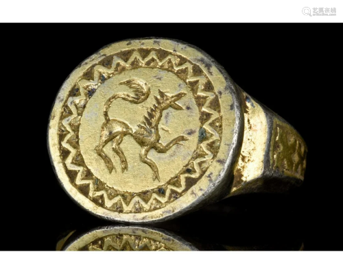 MEDIEVAL SILVER GILDED RING WITH BEAST