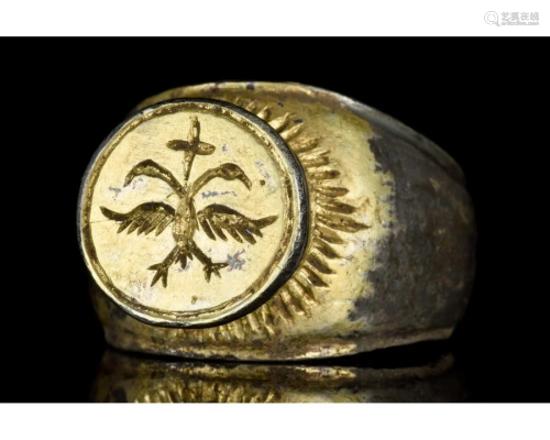 MEDIEVAL SILVER GILDED RING WITH DOUBLE-HEADED EAGLE