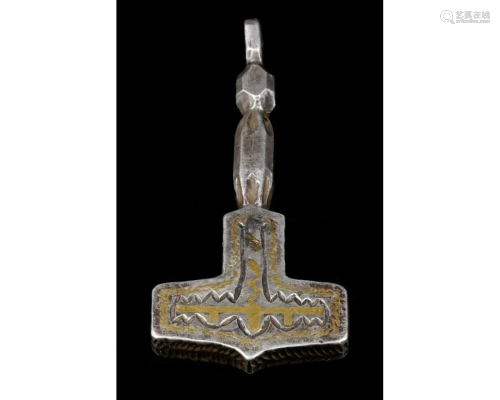 RARE VIKING THOR'S HAMMER PENDANT WITH GOLD INLAY