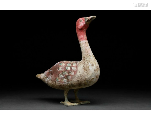 RARE CHINESE HAN DYNASTY POTTERY GOOSE WITH BRONZE LEGS