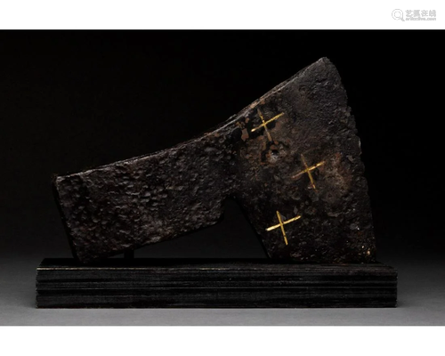 MEDIEVAL IRON AXE HEAD WITH INLAID CROSSES