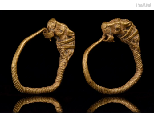HELLENISTIC GOLD EARRINGS WITH LIONS - XRF TESTED