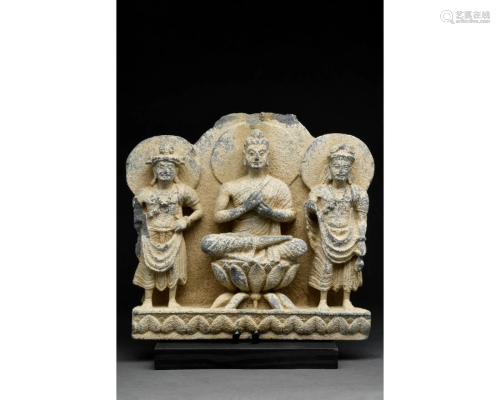 GANDHARA SCHIST STONE PANEL WITH THREE BUDDHAS