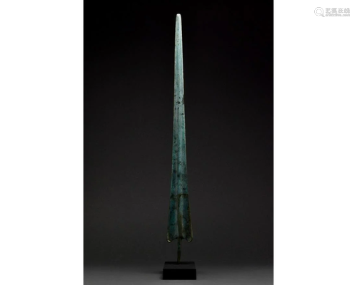 ANCIENT BRONZE LONG SPEAR HEAD - SUPERB PATINA