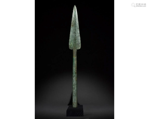 LONG ANCIENT BRONZE DECORATED SOCKETED SPEAR