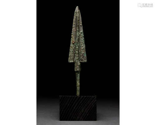 ANCIENT BRONZE SPEAR ON STAND