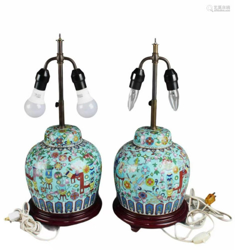 A Pair of Antique Cloisonne Table Lamps, with wood