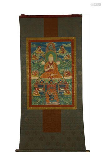 Tibetan Tsongkhapa Thangka on Silk Frame