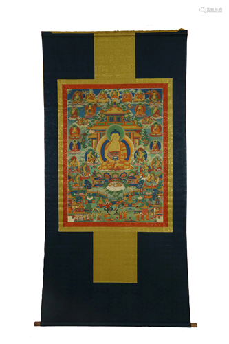 Tibetan Medicine Buddha Thangka on Silk Frame