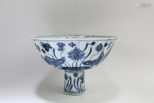 Chinese Blue & White Stem Bowl