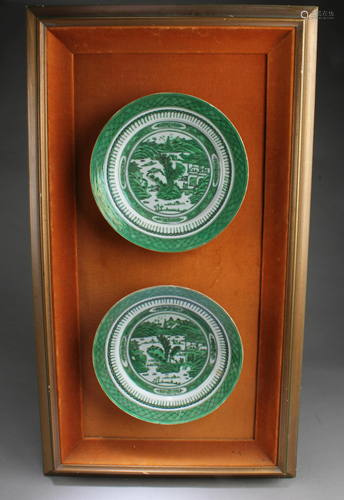 Framed Antique Pair of Famille Verte Plates