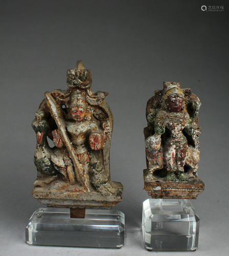 A Group of Two Antique Carved Wooden Deity Statues