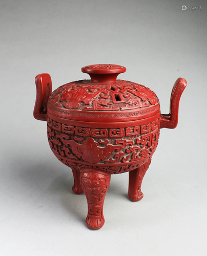 A Chinese Cinnabar Lacquer Tripod Censer