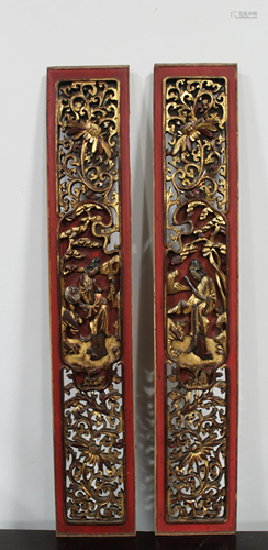 A Pair of Chinese Carved Wooden Gilt Gold Plaque